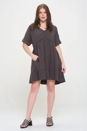 Plus Textured Woven Ladder Trim Button Babydoll Dress