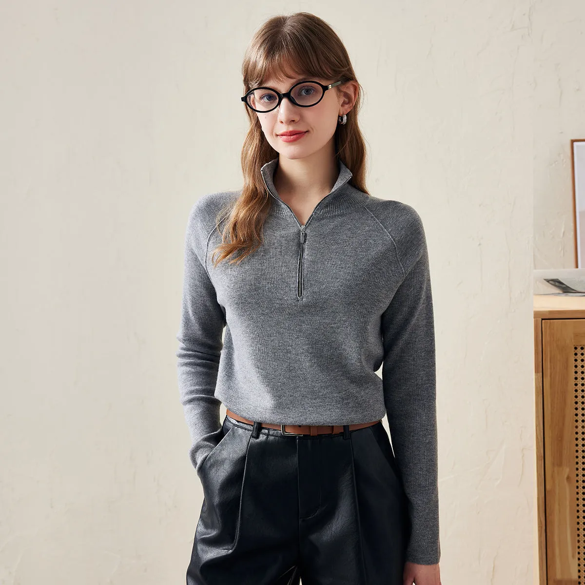 100% Wool Quarter-Zip Knit Pullover Sweater