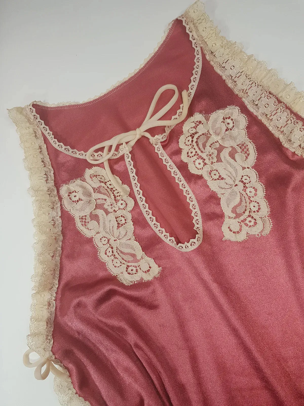 1960s Ultra Rare Intricate - Rose Pink Satin Cream Lace - Babydoll Lingerie Dress with Bows