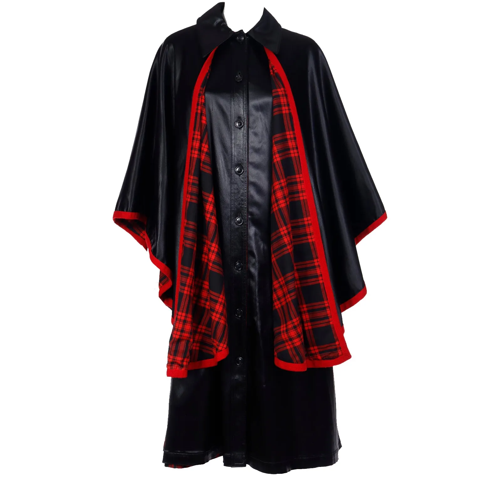 1970s Yves Saint Laurent YSL Vintage Black Dress w/ Attached Cape Lined in Red Plaid