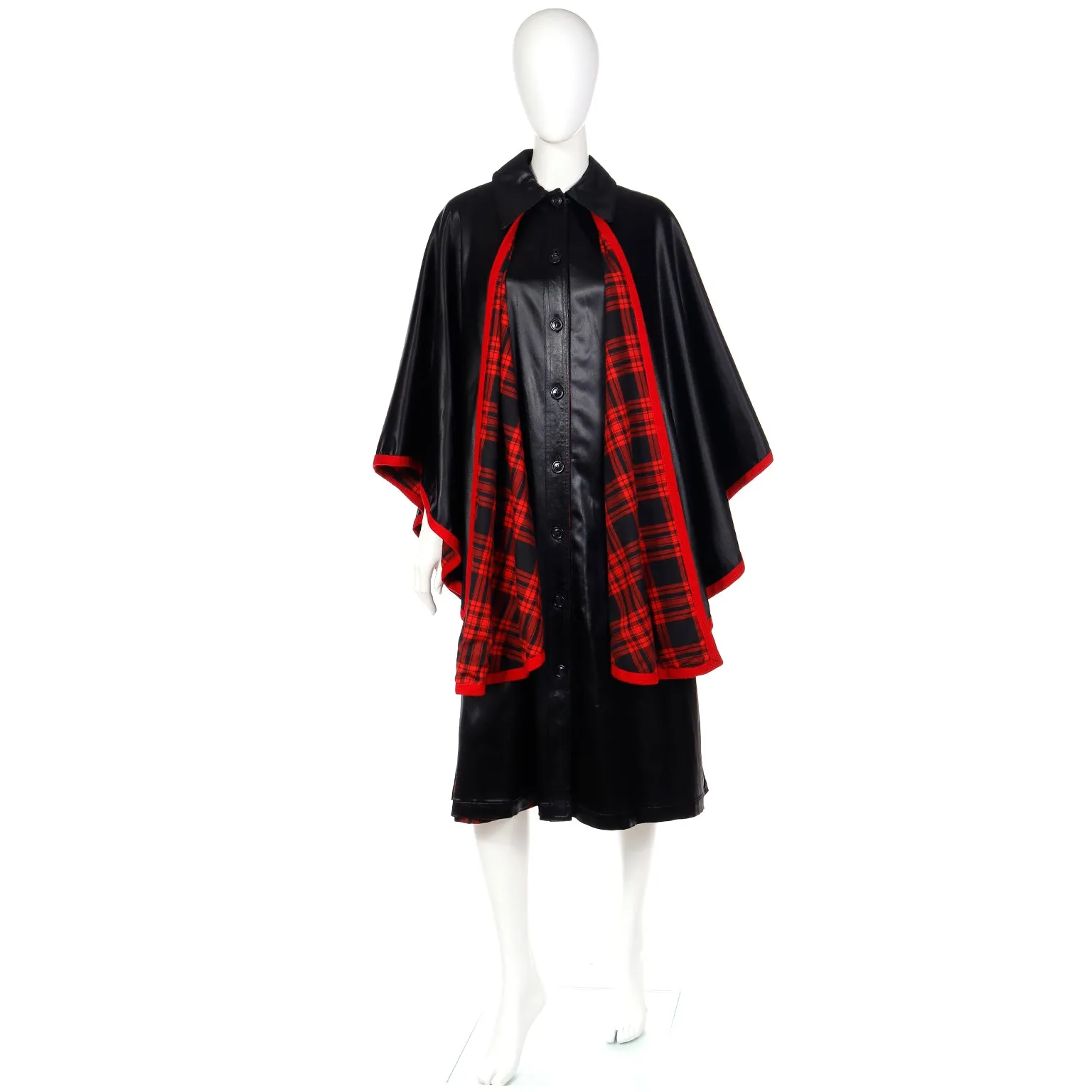 1970s Yves Saint Laurent YSL Vintage Black Dress w/ Attached Cape Lined in Red Plaid