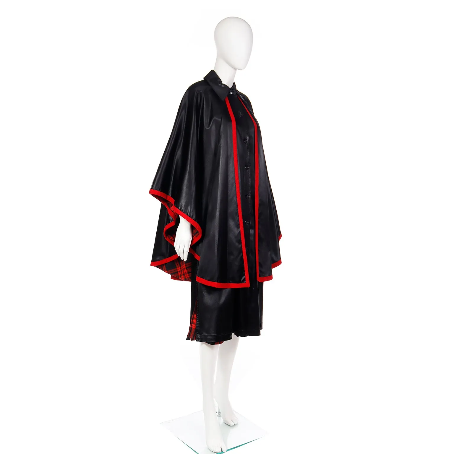 1970s Yves Saint Laurent YSL Vintage Black Dress w/ Attached Cape Lined in Red Plaid