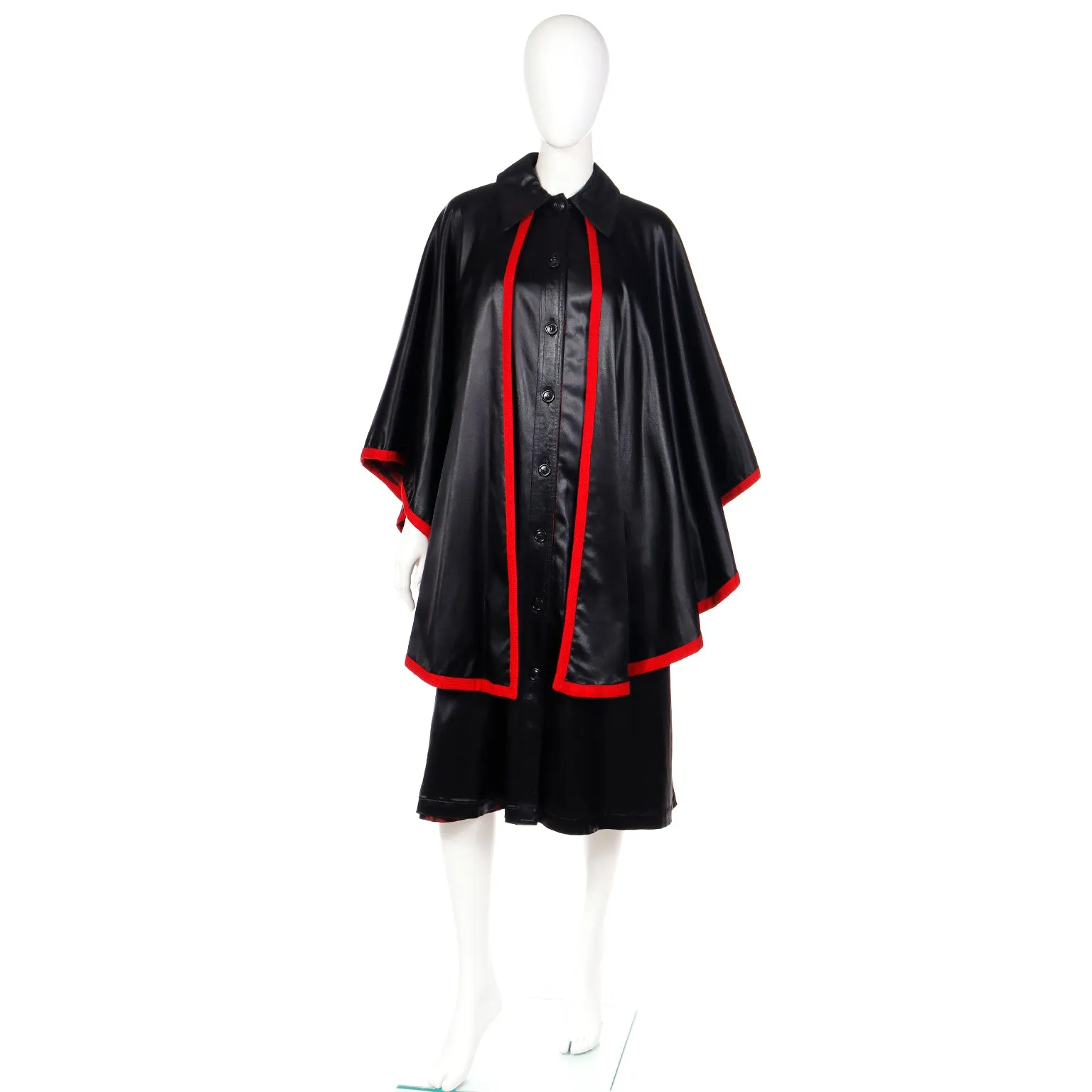 1970s Yves Saint Laurent YSL Vintage Black Dress w/ Attached Cape Lined in Red Plaid