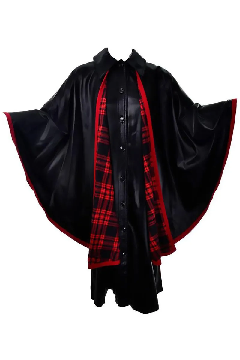 1970s Yves Saint Laurent YSL Vintage Black Dress w/ Attached Cape Lined in Red Plaid