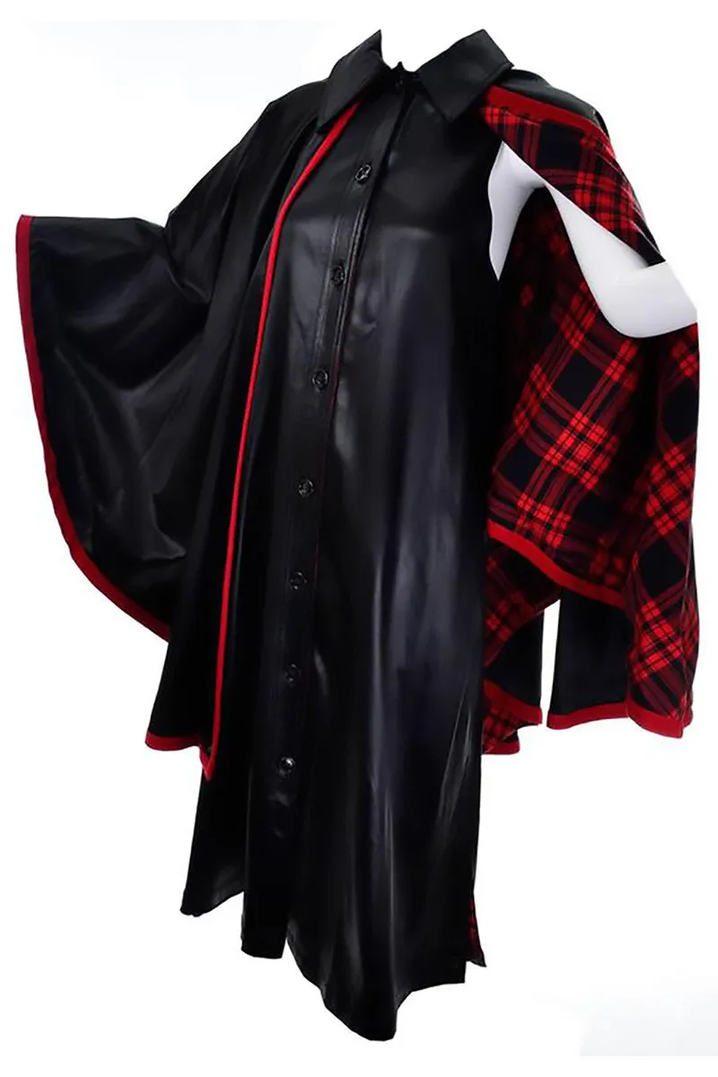 1970s Yves Saint Laurent YSL Vintage Black Dress w/ Attached Cape Lined in Red Plaid