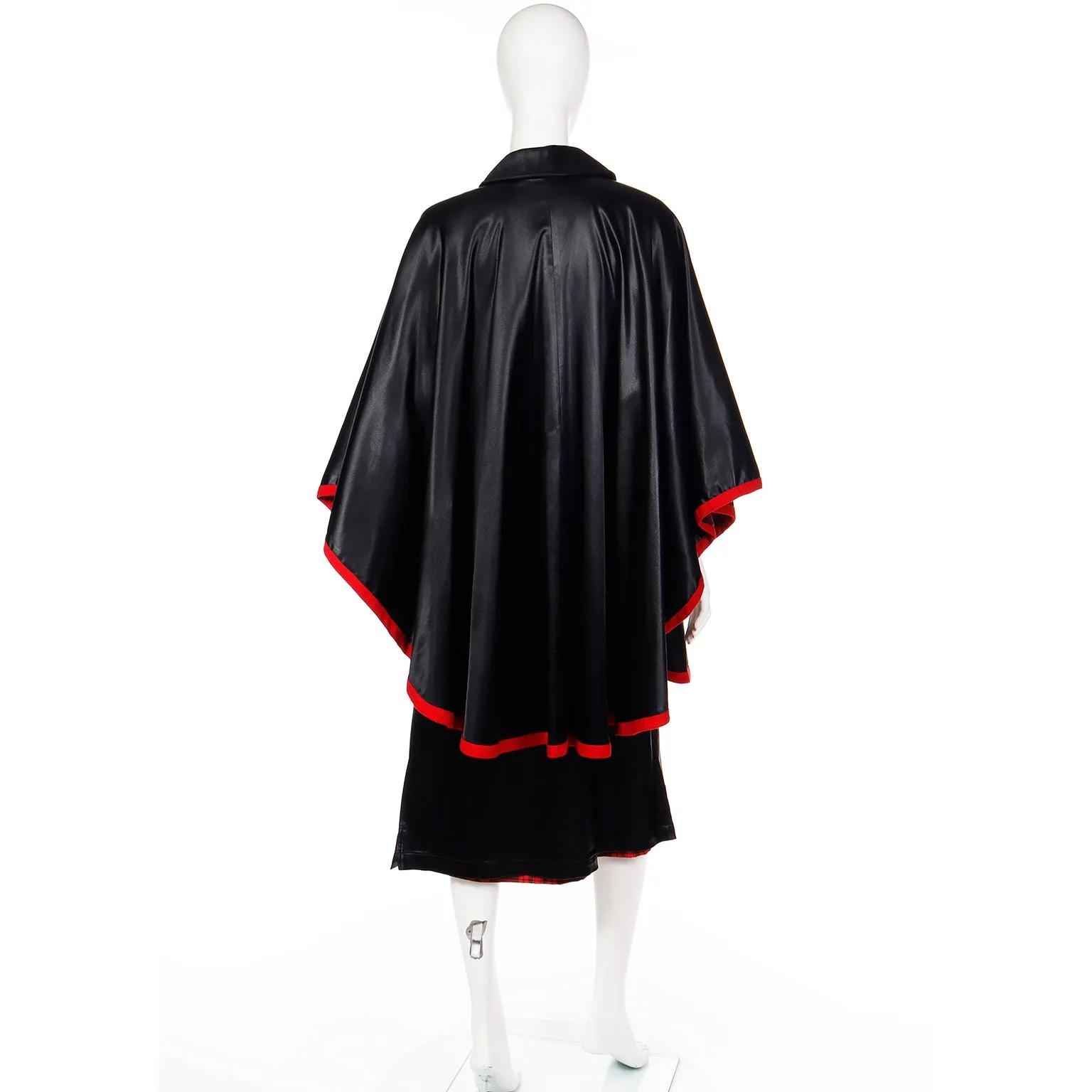 1970s Yves Saint Laurent YSL Vintage Black Dress w/ Attached Cape Lined in Red Plaid