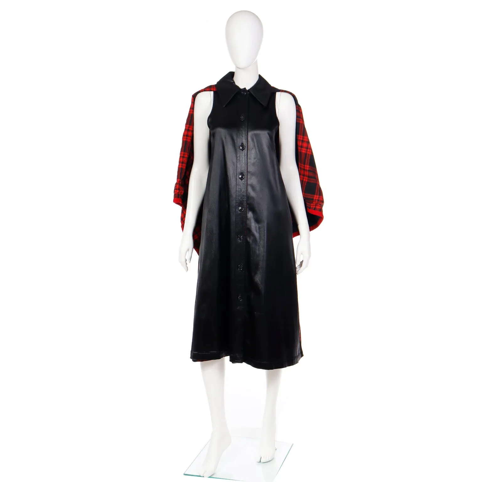 1970s Yves Saint Laurent YSL Vintage Black Dress w/ Attached Cape Lined in Red Plaid