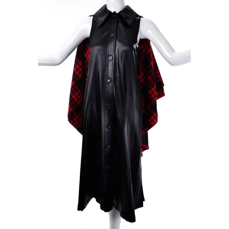 1970s Yves Saint Laurent YSL Vintage Black Dress w/ Attached Cape Lined in Red Plaid