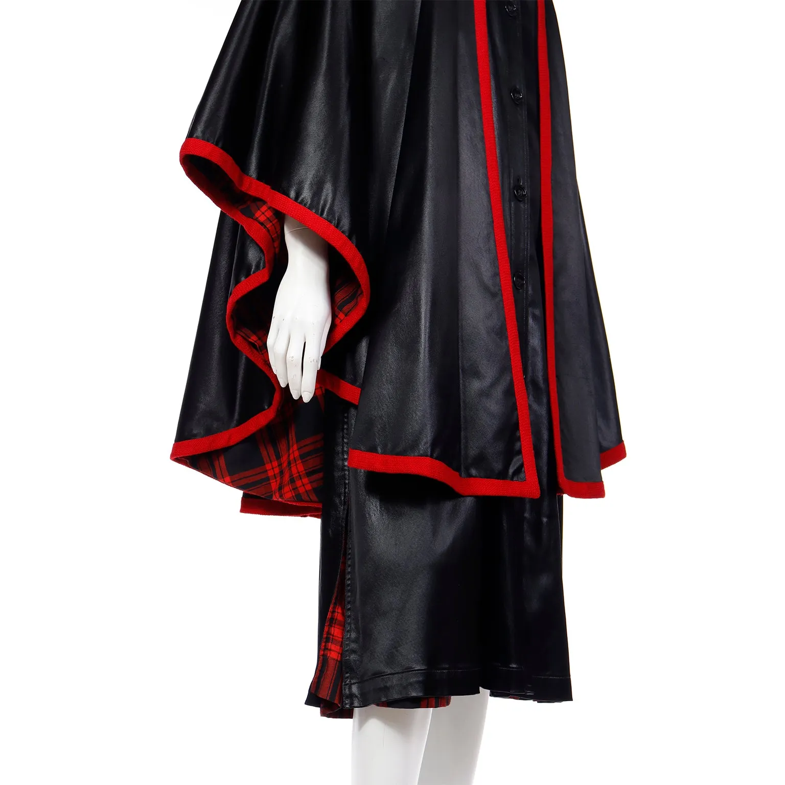 1970s Yves Saint Laurent YSL Vintage Black Dress w/ Attached Cape Lined in Red Plaid