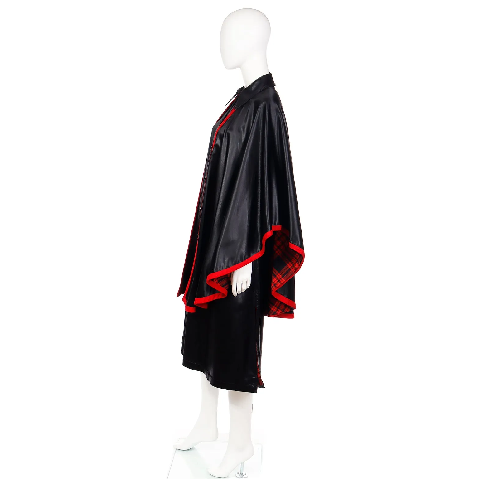 1970s Yves Saint Laurent YSL Vintage Black Dress w/ Attached Cape Lined in Red Plaid