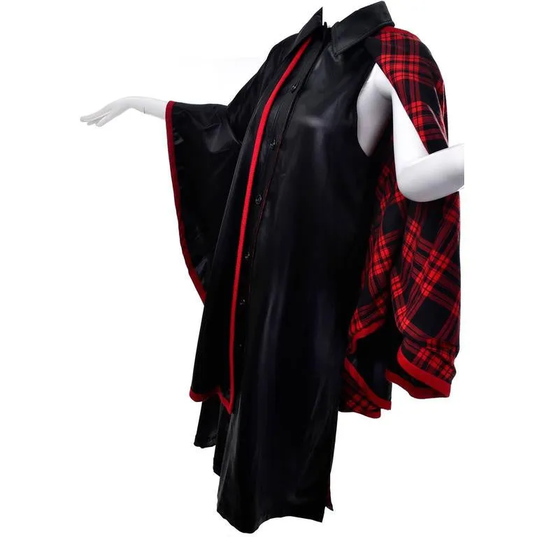 1970s Yves Saint Laurent YSL Vintage Black Dress w/ Attached Cape Lined in Red Plaid