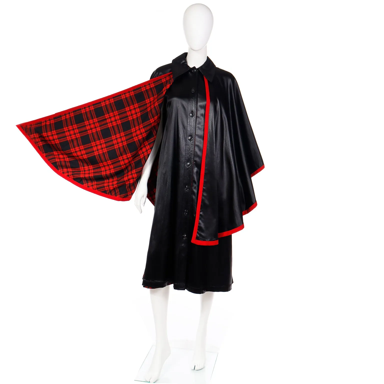 1970s Yves Saint Laurent YSL Vintage Black Dress w/ Attached Cape Lined in Red Plaid