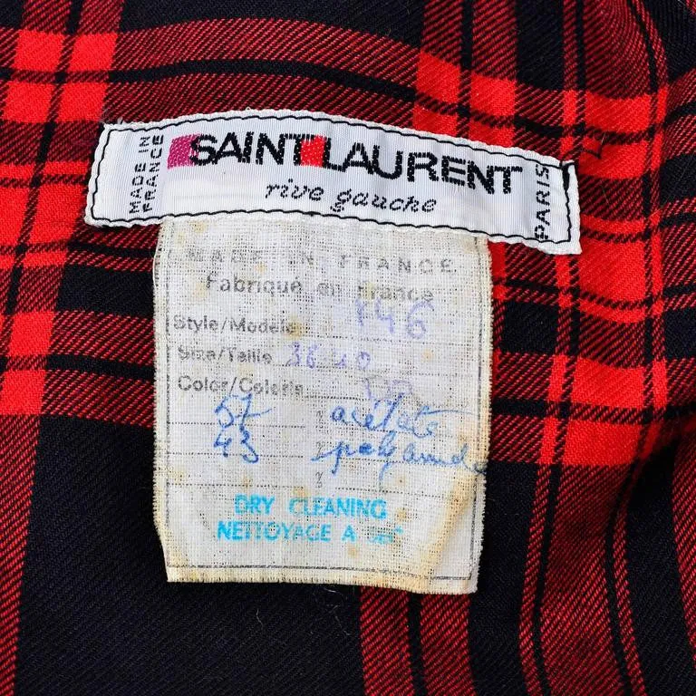 1970s Yves Saint Laurent YSL Vintage Black Dress w/ Attached Cape Lined in Red Plaid