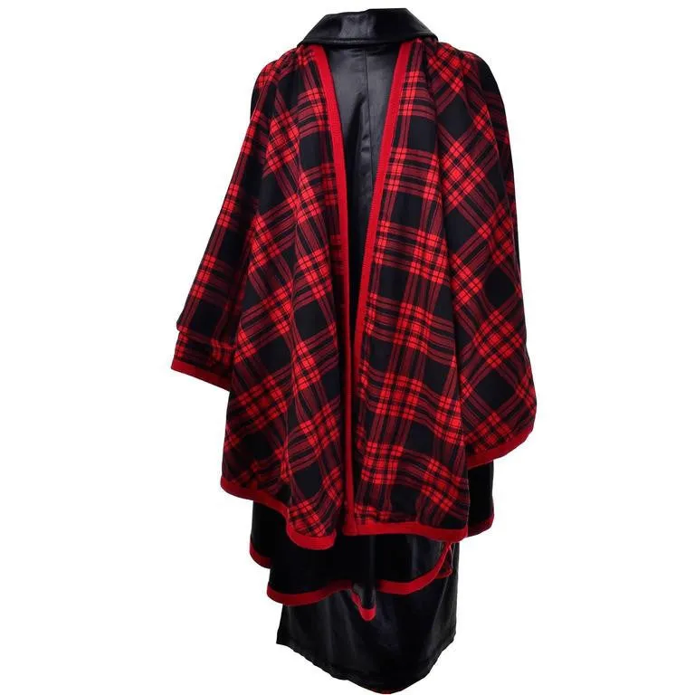 1970s Yves Saint Laurent YSL Vintage Black Dress w/ Attached Cape Lined in Red Plaid