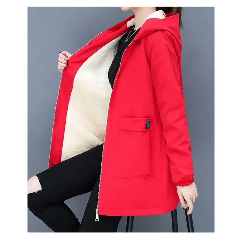 2023 Autumn Winter New Thick Warm Lamb Wool Cotton-padded Coat Women's Mid-length All-fit Loose Hooded Female Blouse