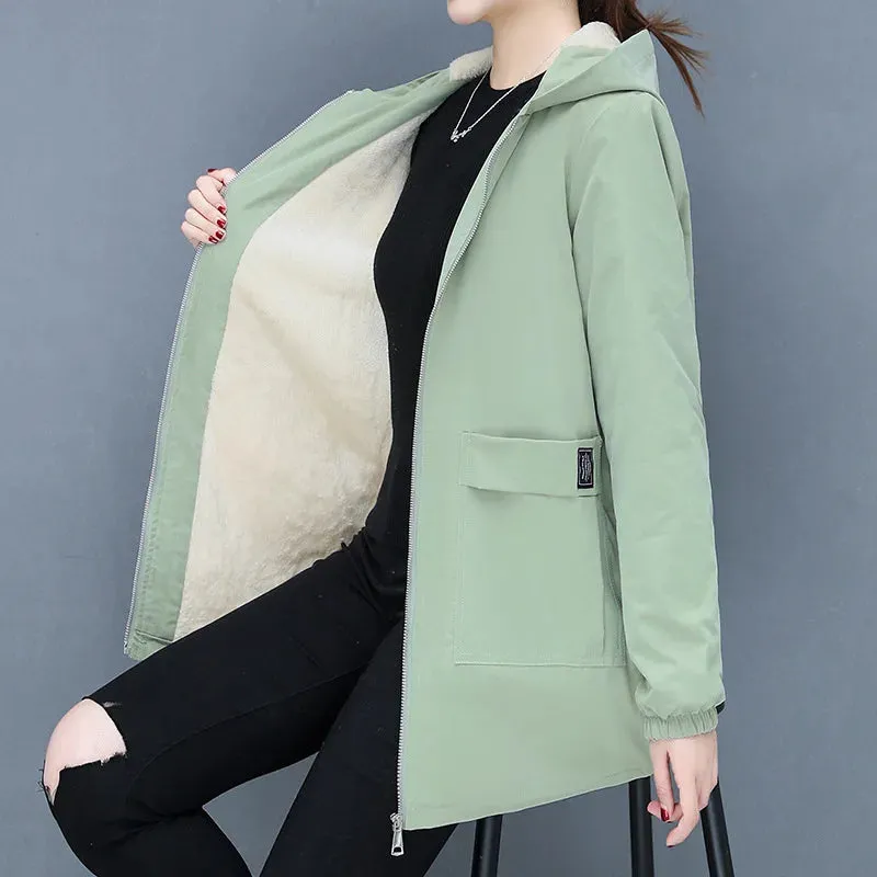 2023 Autumn Winter New Thick Warm Lamb Wool Cotton-padded Coat Women's Mid-length All-fit Loose Hooded Female Blouse