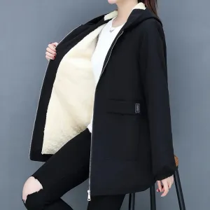 2023 Autumn Winter New Thick Warm Lamb Wool Cotton-padded Coat Women's Mid-length All-fit Loose Hooded Female Blouse