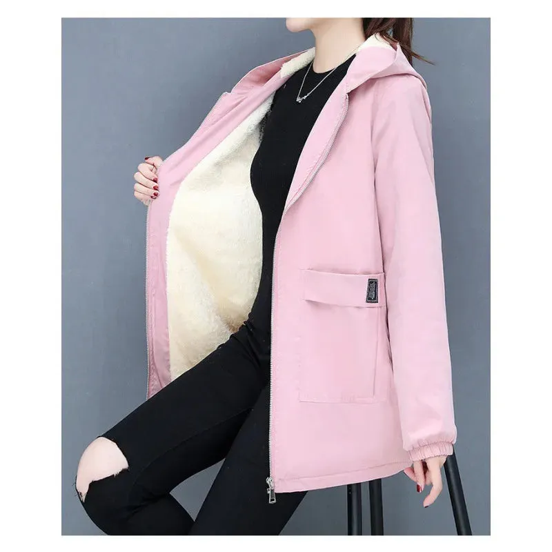 2023 Autumn Winter New Thick Warm Lamb Wool Cotton-padded Coat Women's Mid-length All-fit Loose Hooded Female Blouse