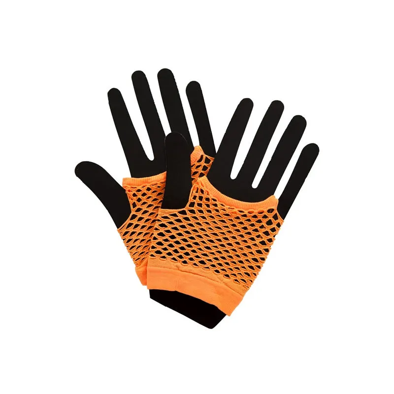 80's Neon Short Fishnet Gloves Orange