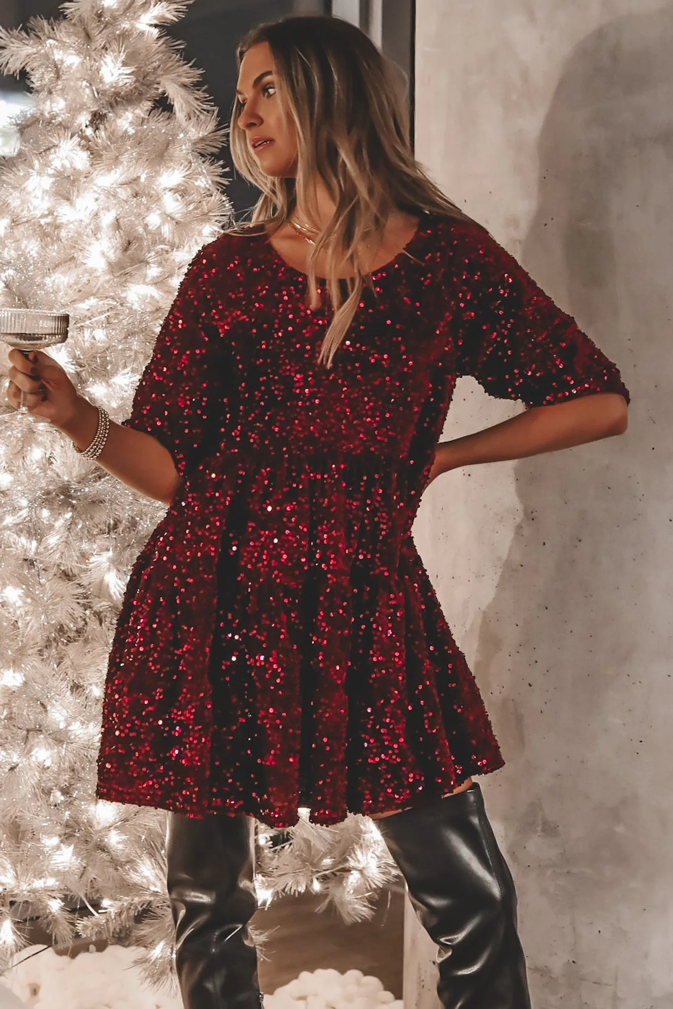 A Velvet Queen Sequin Burgundy Babydoll Dress