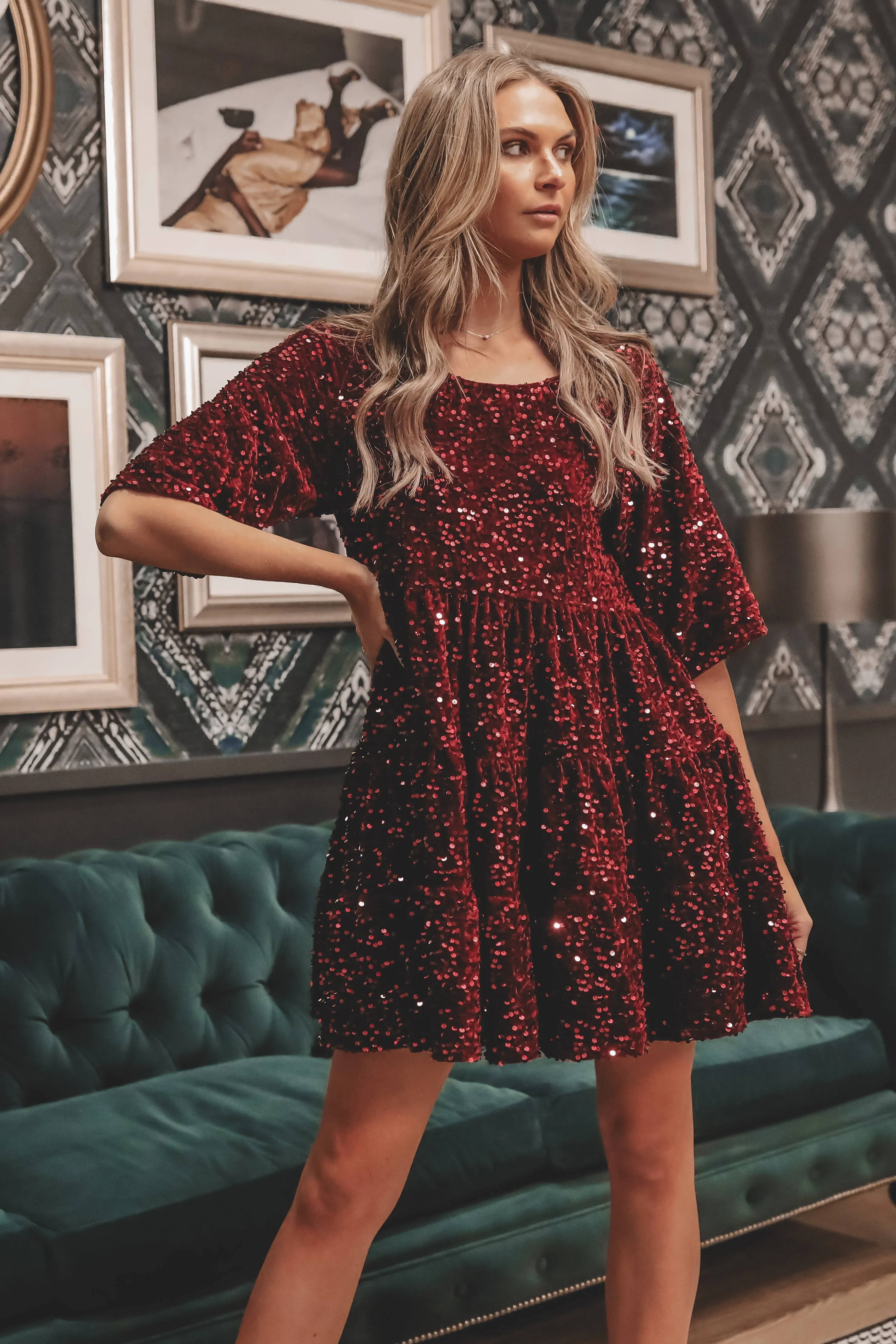 A Velvet Queen Sequin Burgundy Babydoll Dress