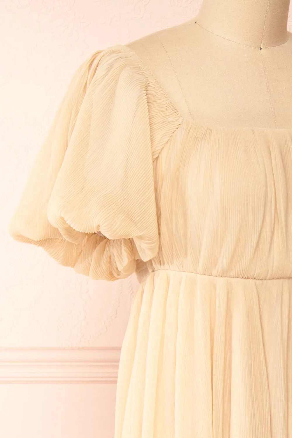 Araminta Beige | Pleated Beige Maxi Babydoll Dress