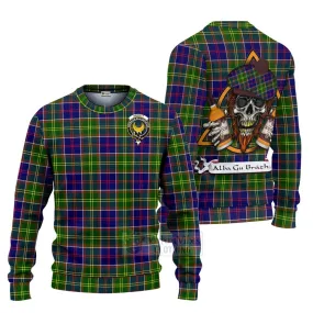 Arnott Tartan Ugly Sweater with Family Crest and Bearded Skull Holding Bottles of Whiskey