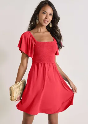 Back Cutout Smocked Dress - Red