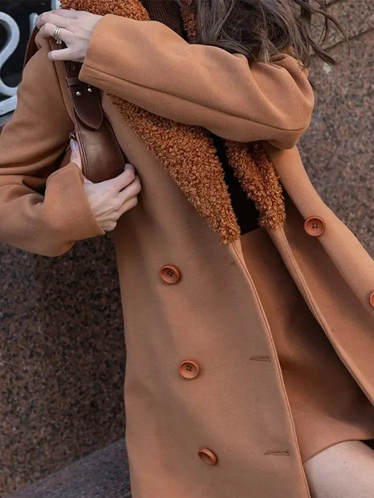 Back To School Joskaa 2024 Autumn Winter Women's Lapel Double-breasted Jacket Fashion Solid Splicing Lamb Wool Coat New Lady Commute Warm Outwears