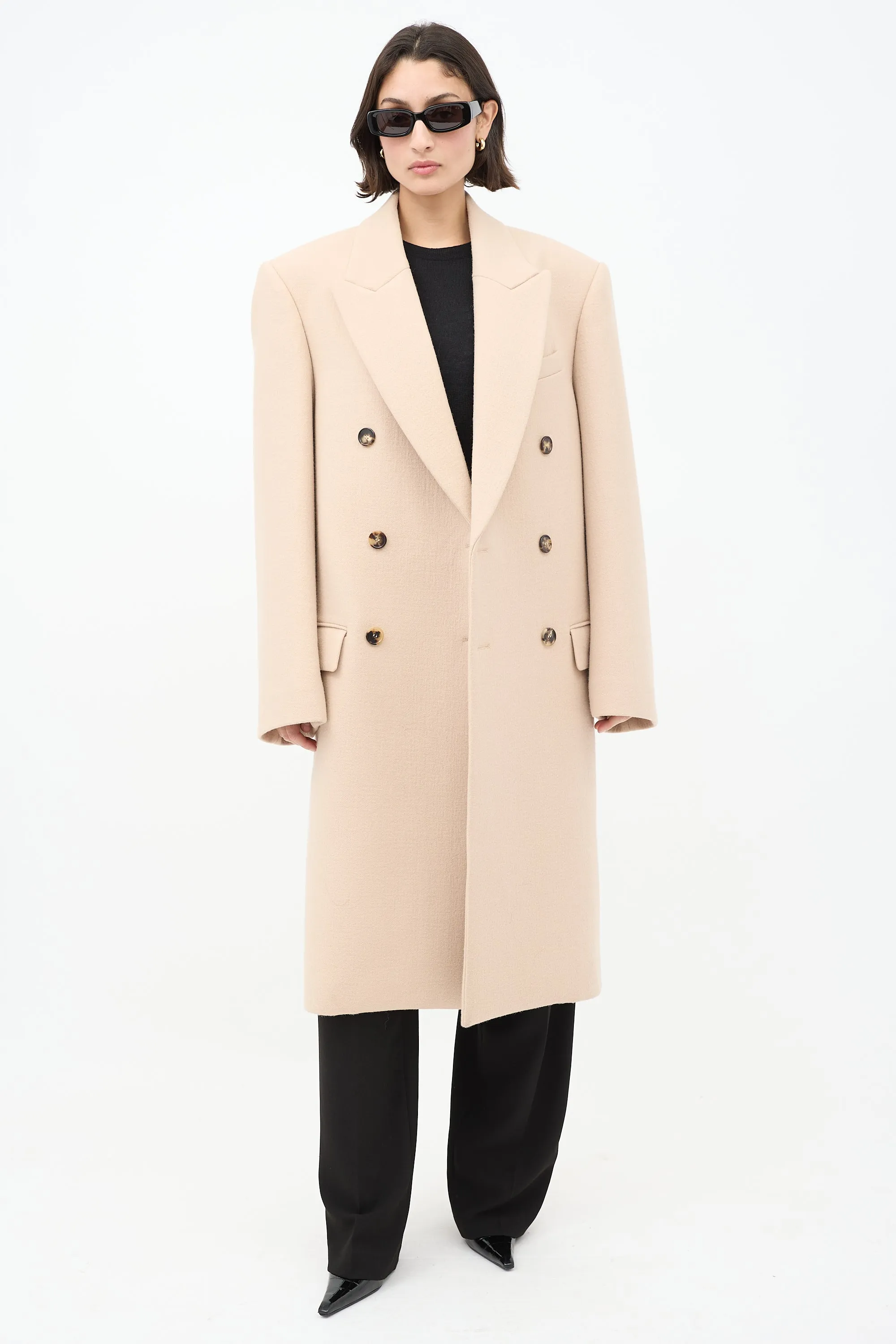 Beige Wool Double Breasted Long Coat