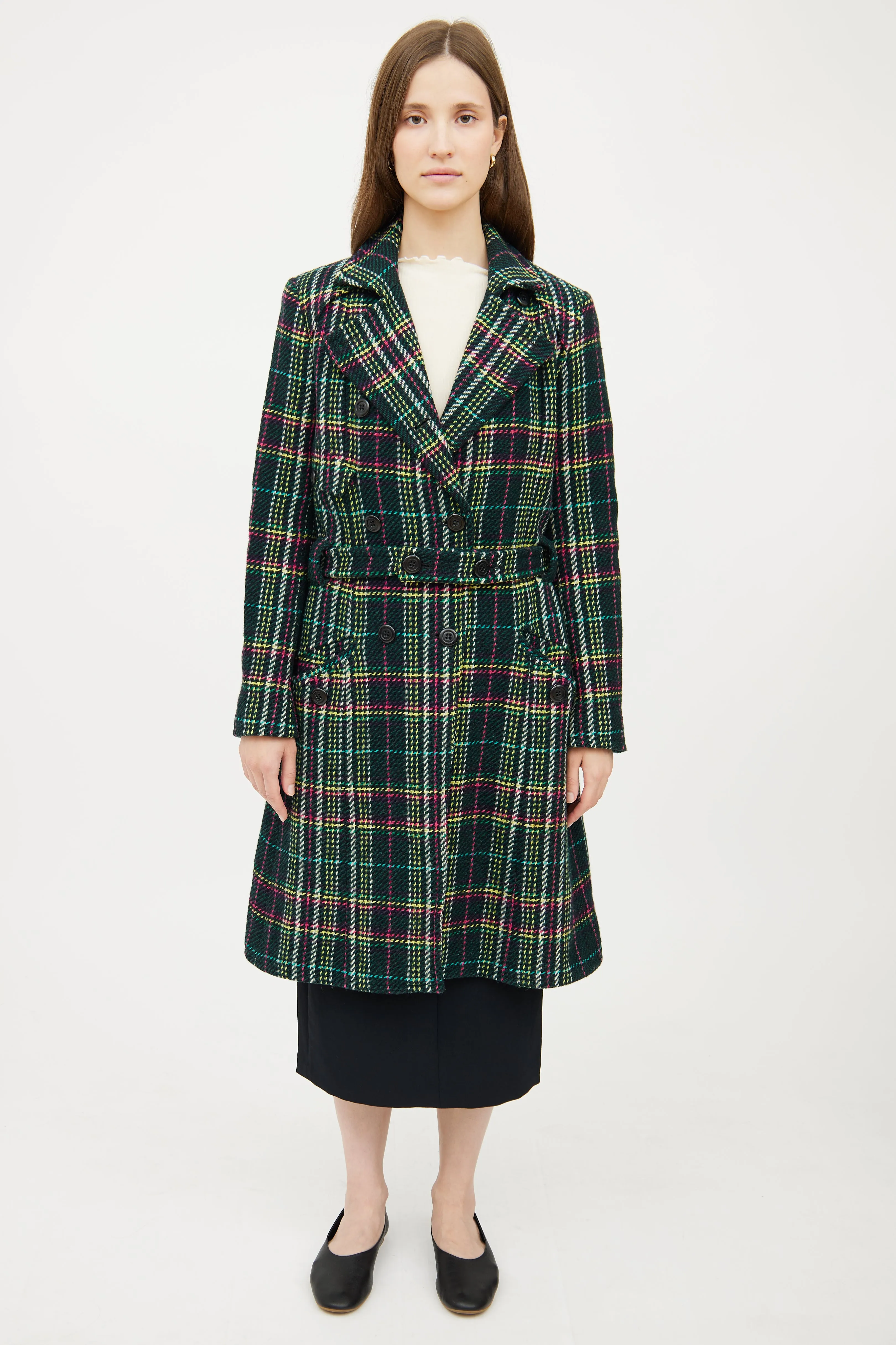 Black & Multicolour Plaid Coat