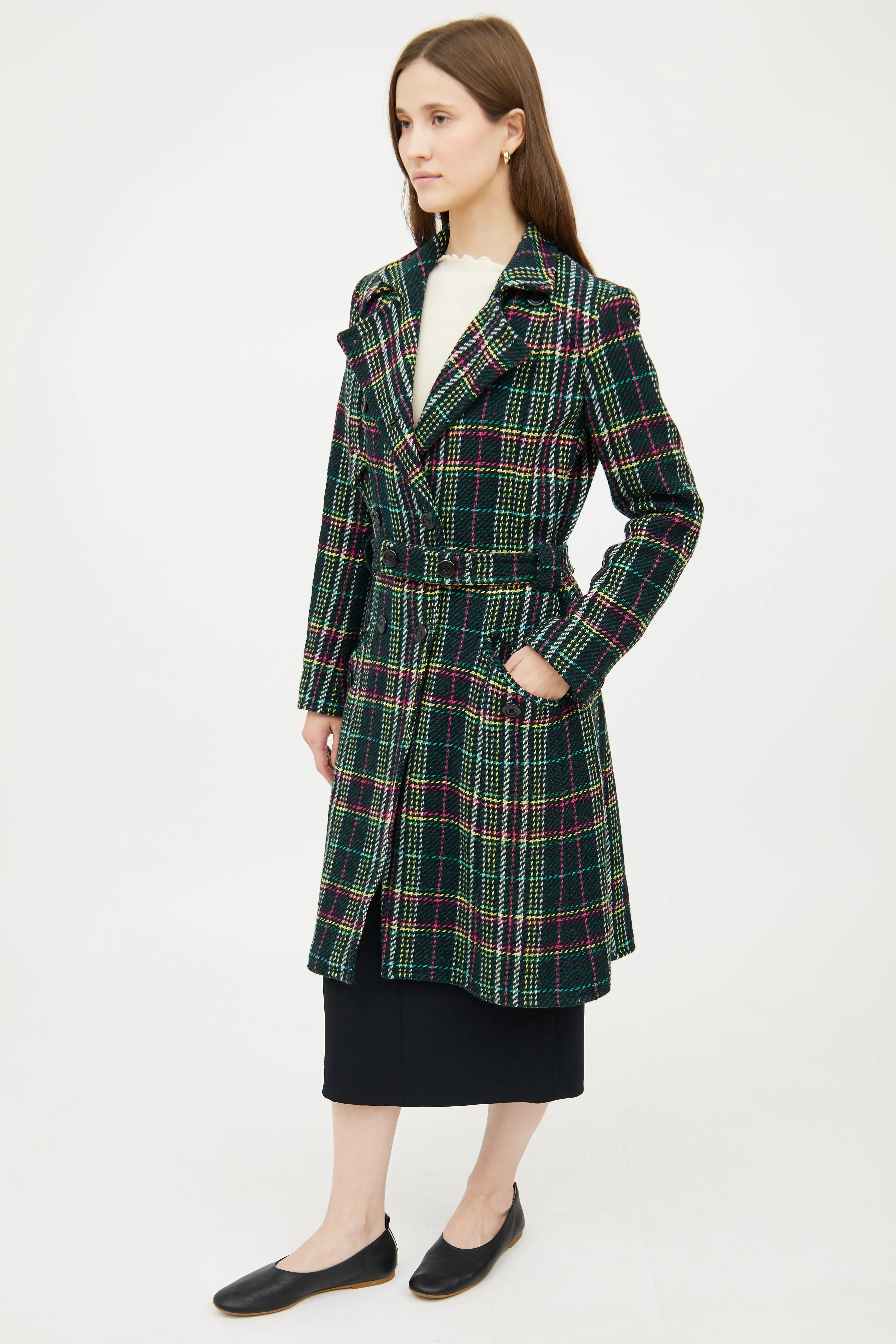 Black & Multicolour Plaid Coat