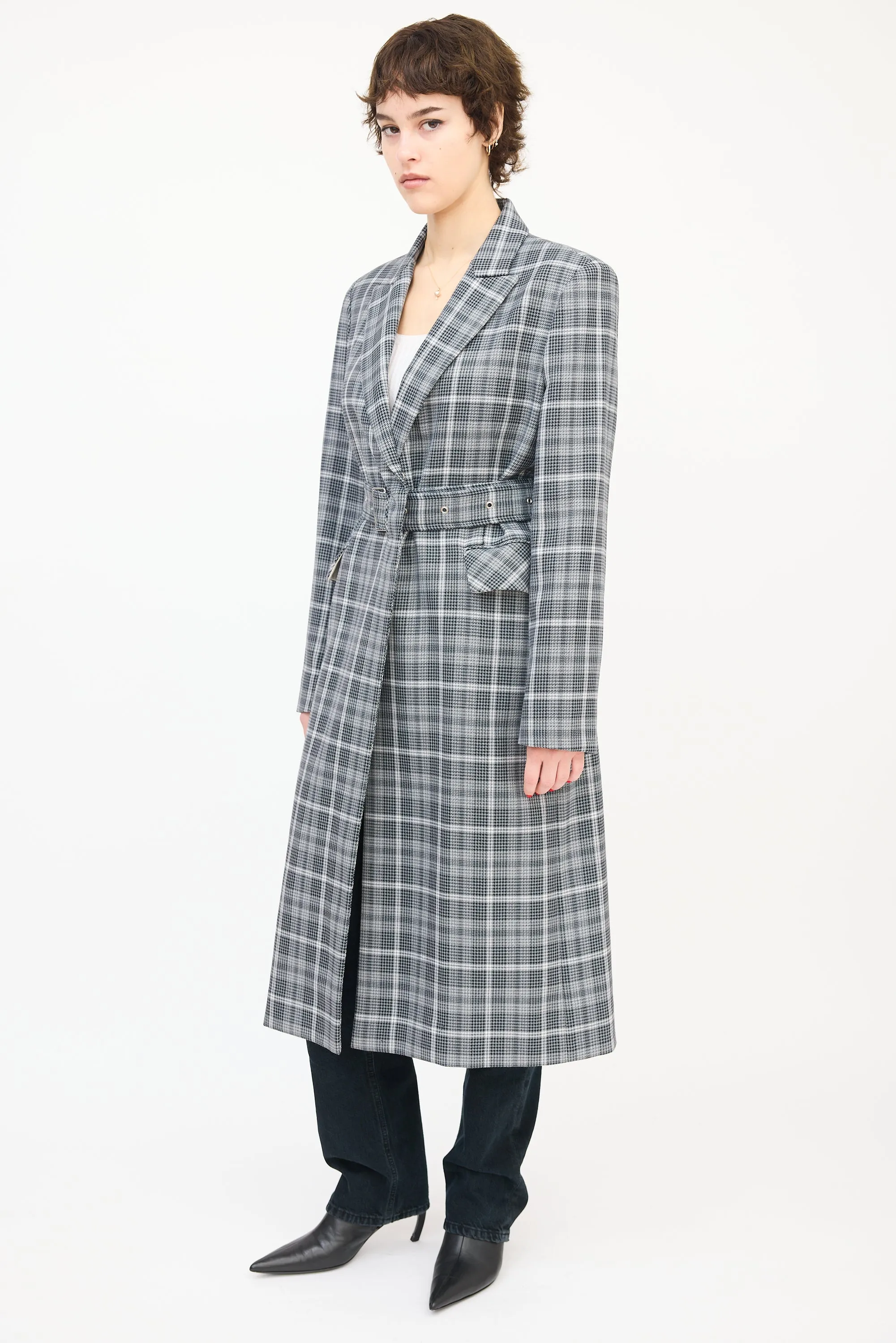 Black & White Wool Check Belted Coat