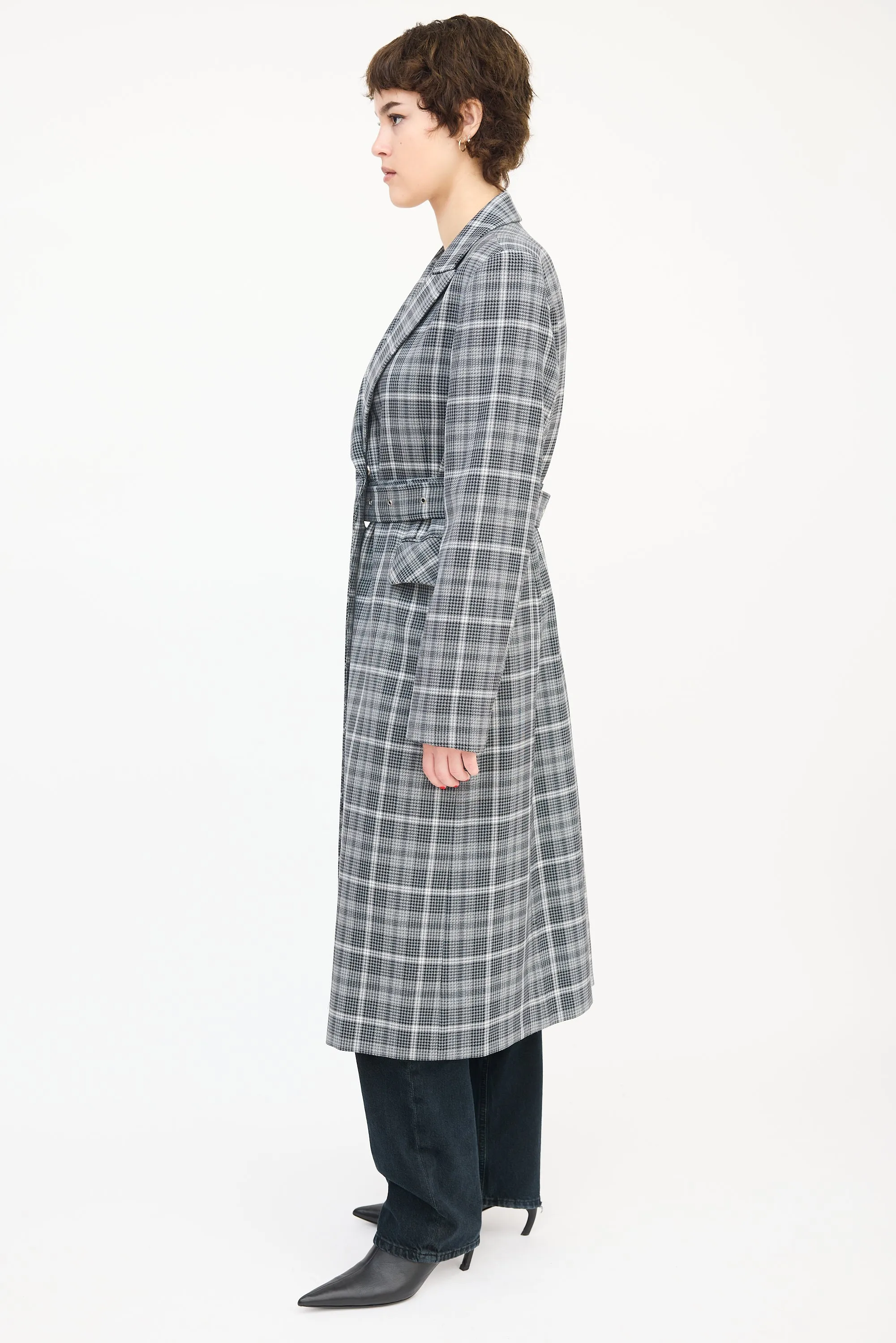 Black & White Wool Check Belted Coat