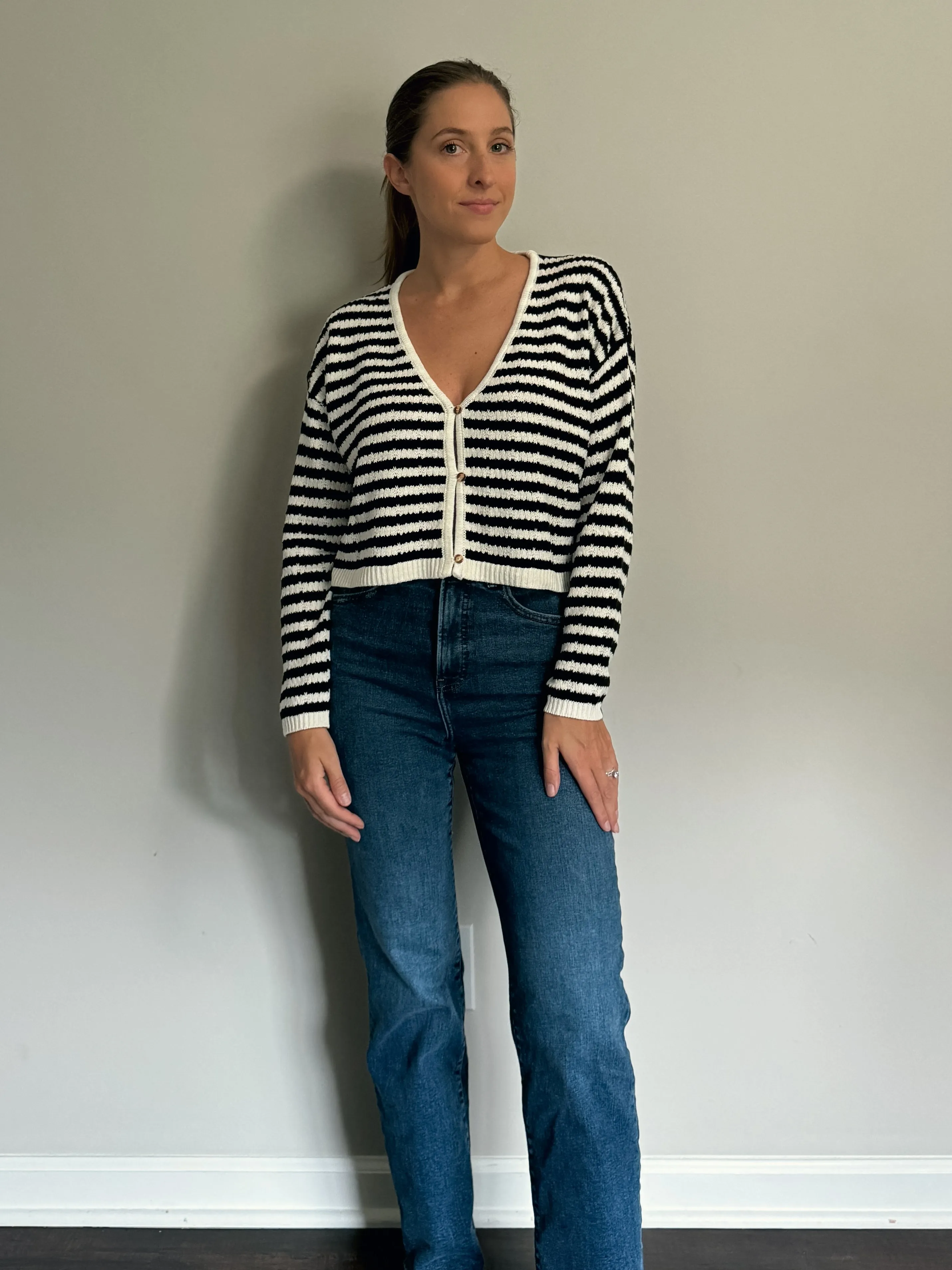 Black and White Striped Knitted Cardigan