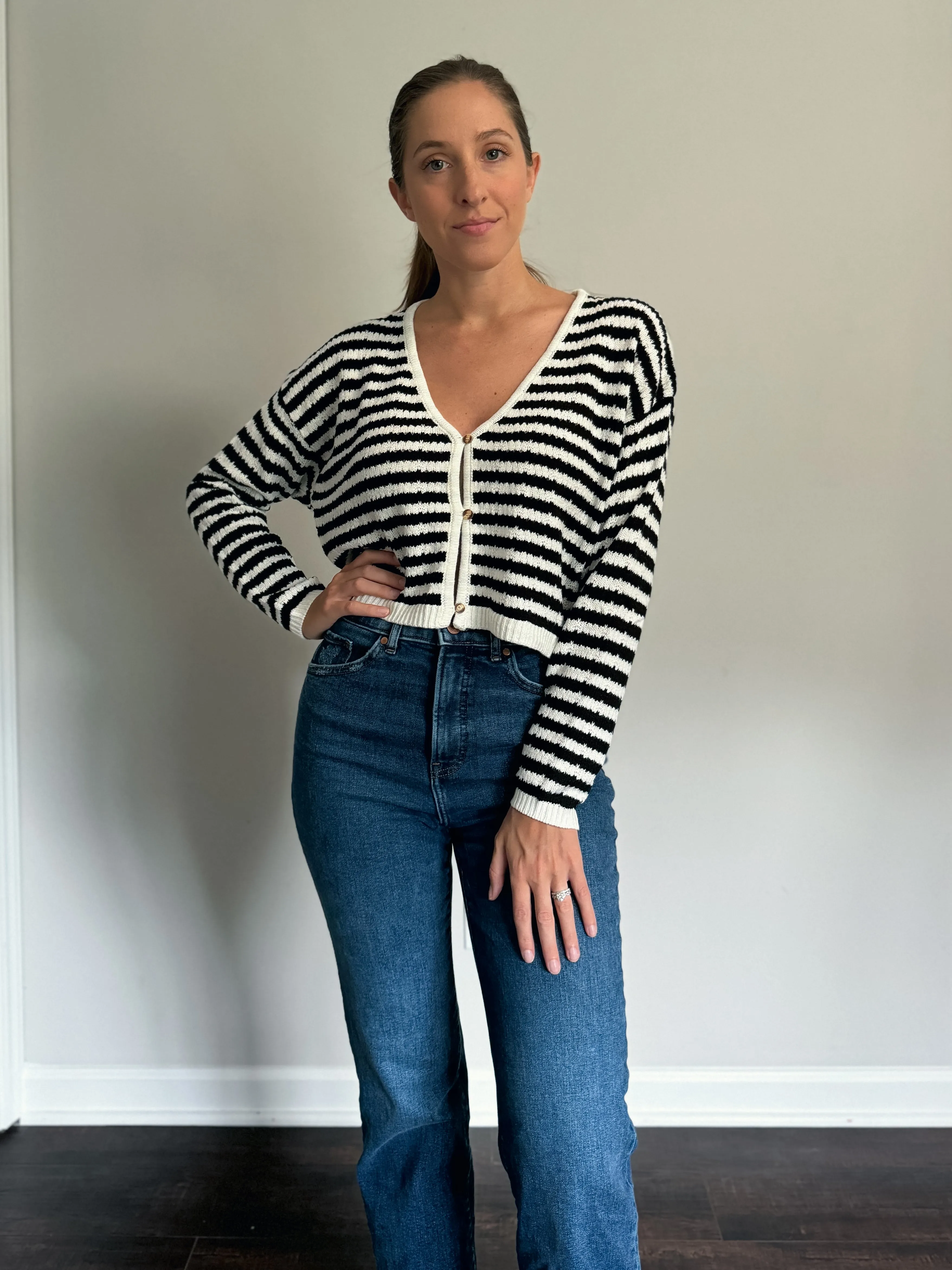 Black and White Striped Knitted Cardigan