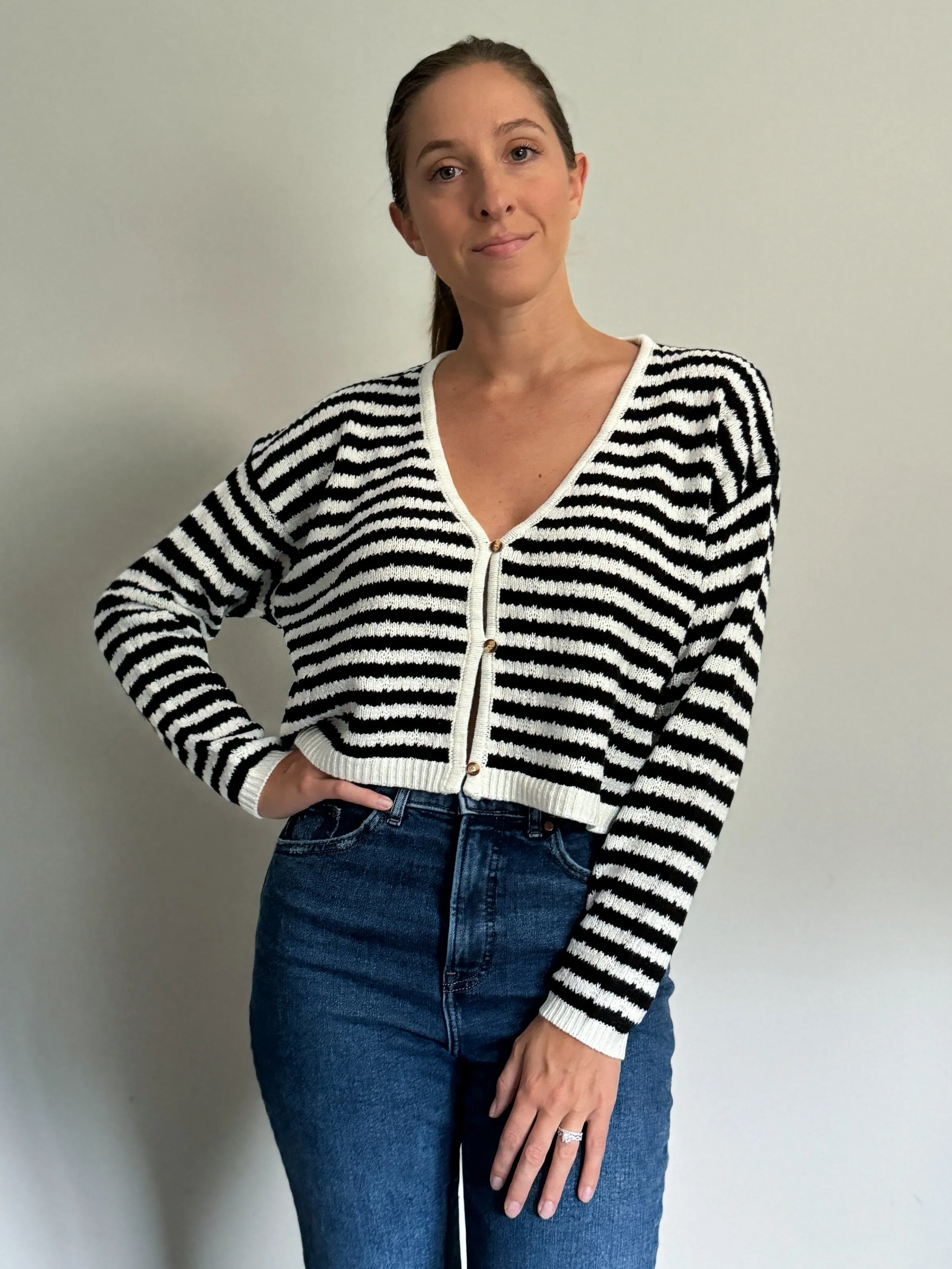 Black and White Striped Knitted Cardigan