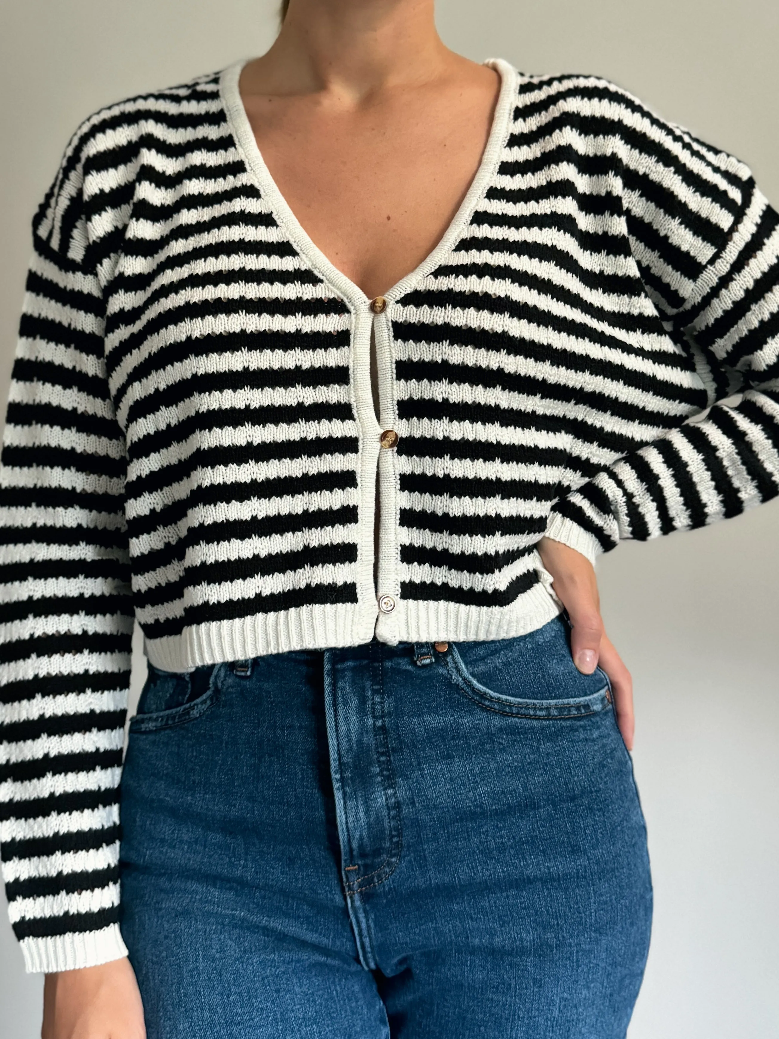 Black and White Striped Knitted Cardigan