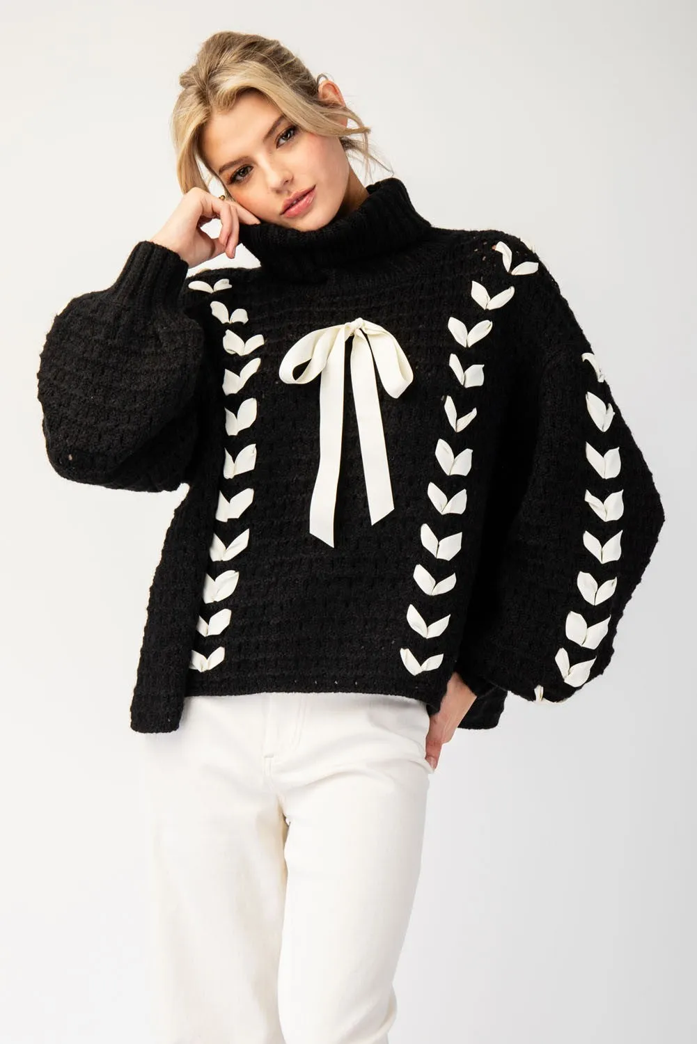 Black Bow Lace Point Turtle Neck Sweater