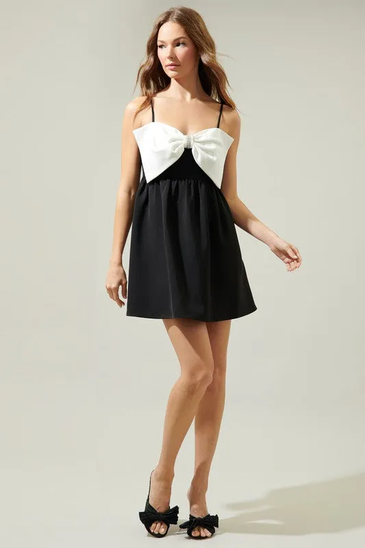 Black Cabello Bow Tie Babydoll Mini Dress