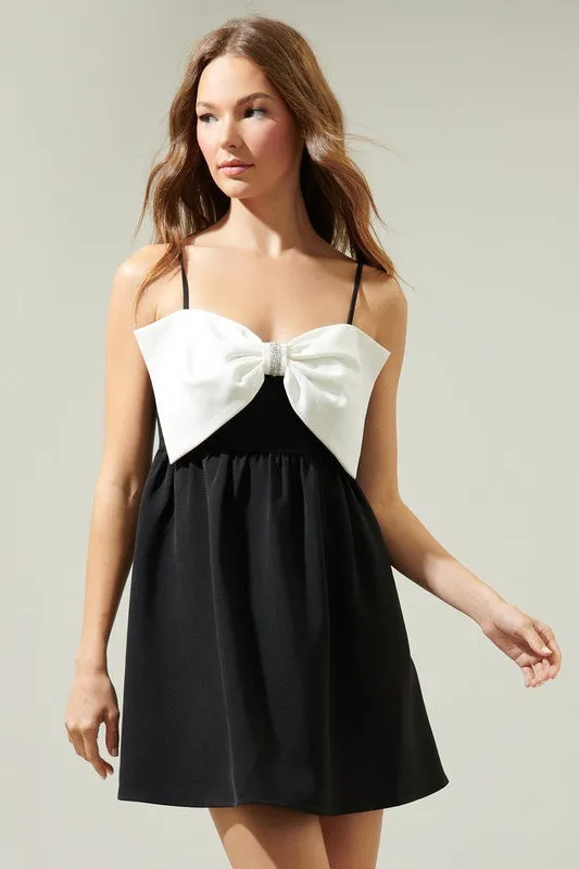 Black Cabello Bow Tie Babydoll Mini Dress