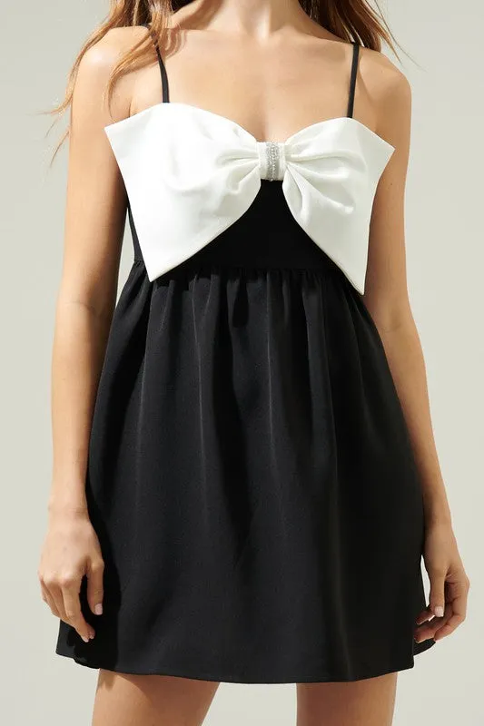 Black Cabello Bow Tie Babydoll Mini Dress