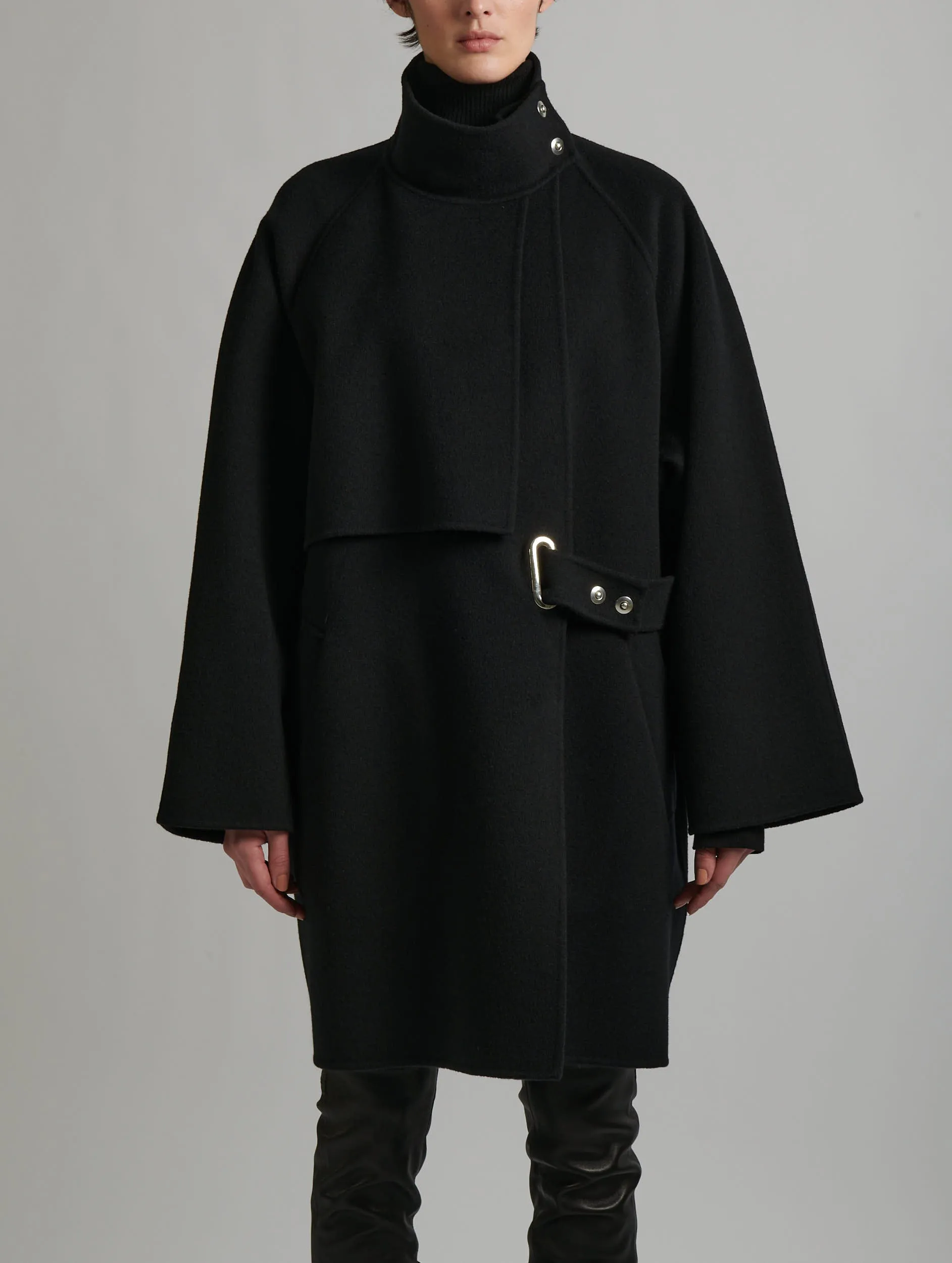 Black double-faced wool high-collar coat