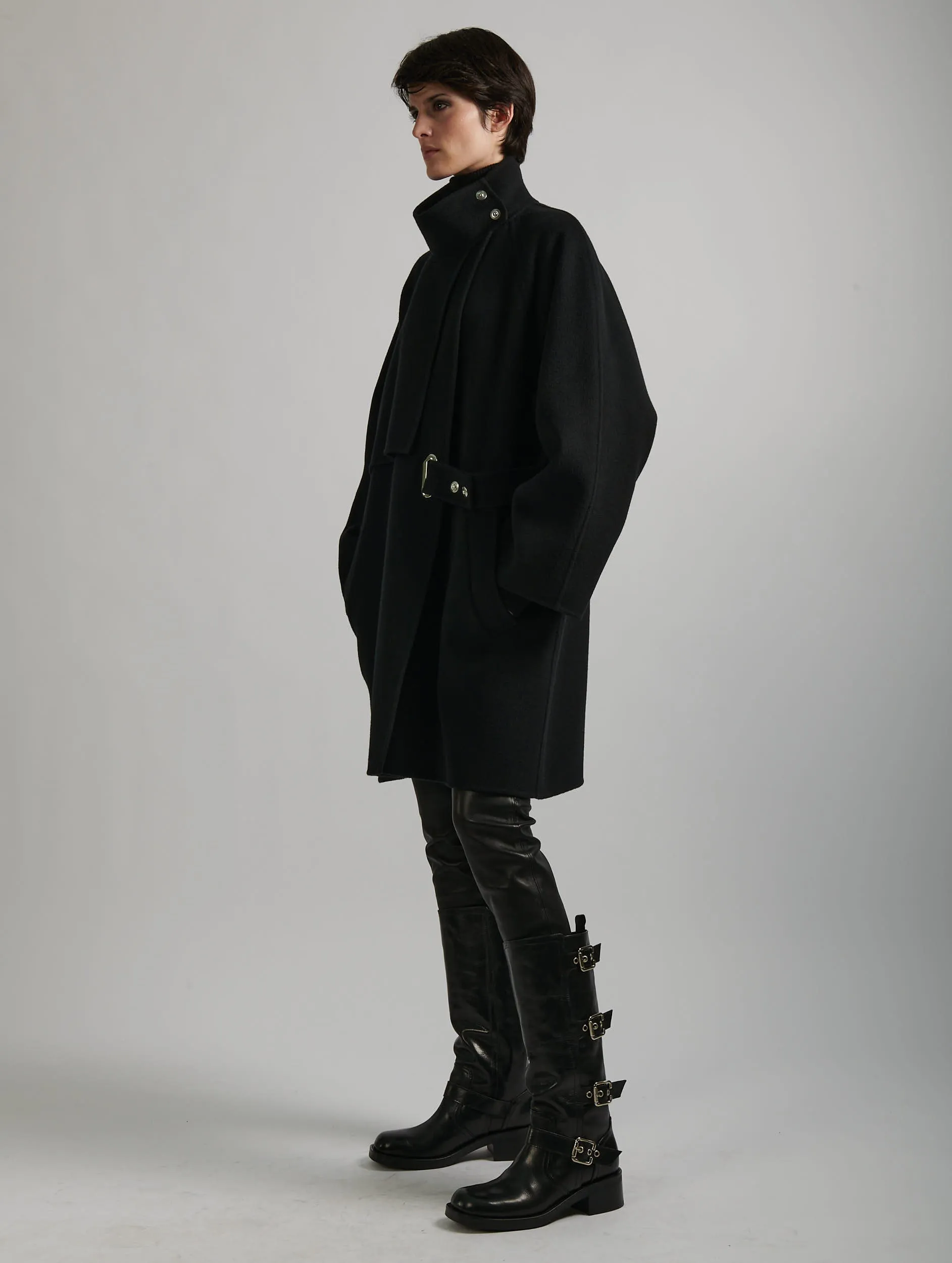 Black double-faced wool high-collar coat