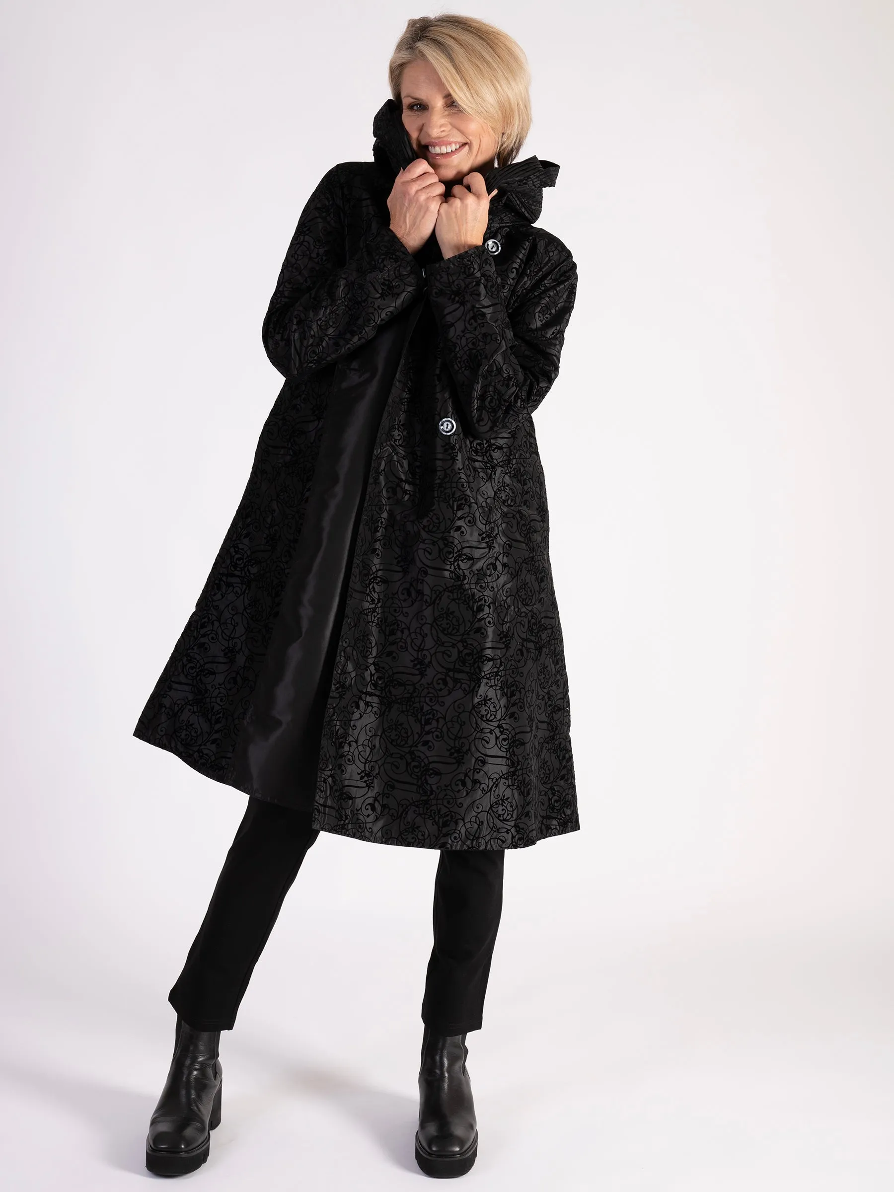 Black Flock Baroque Pleat Collar Reversible Raincoat