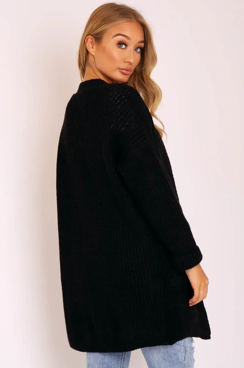 Black Knitted Oversized Pocket Detail Cardigan - Anna