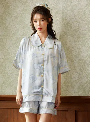 Blue Ice Silk Sleepwear Cardigan Set