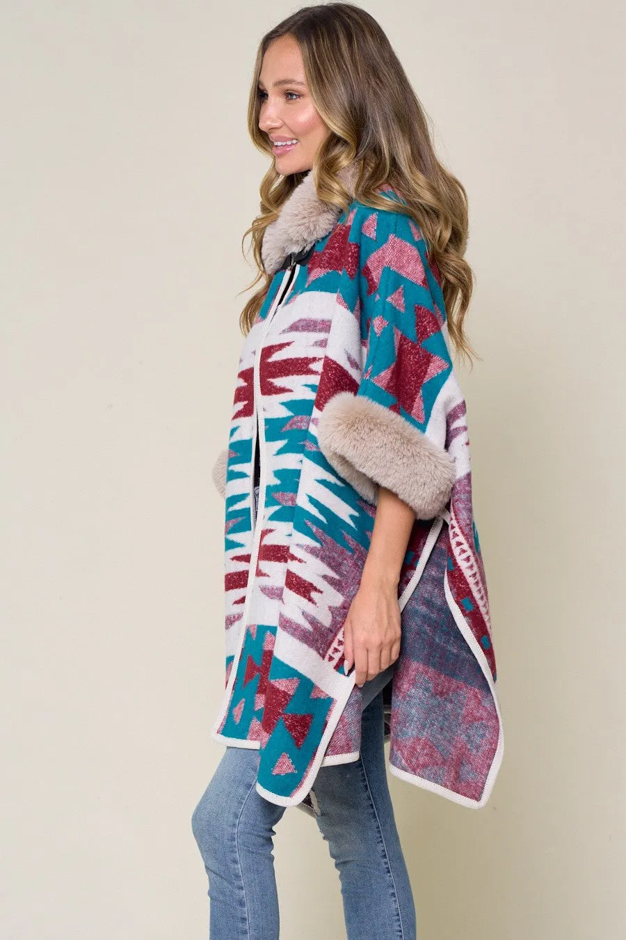 Blue Taupe Wine Plaid Faux Fur Hooded  Poncho