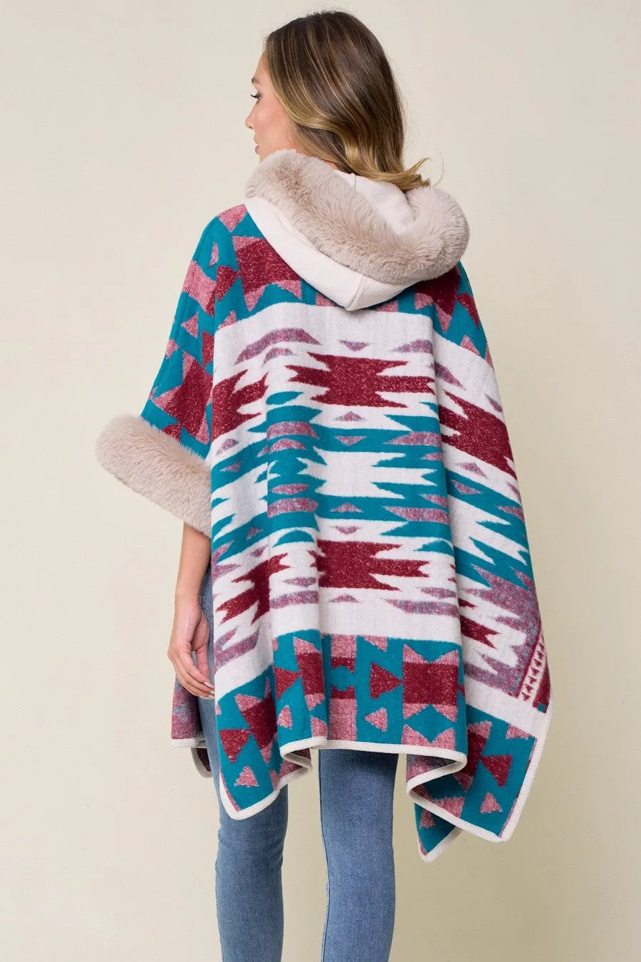 Blue Taupe Wine Plaid Faux Fur Hooded  Poncho