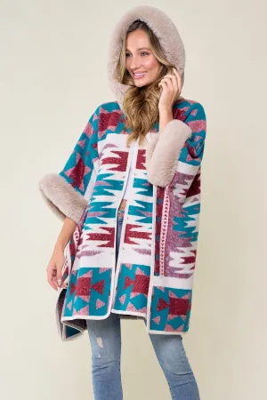 Blue Taupe Wine Plaid Faux Fur Hooded  Poncho